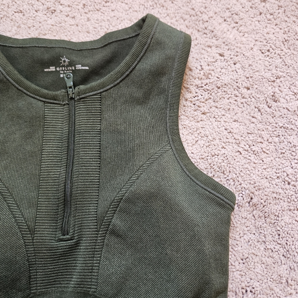 OFFLINE Seamless Zip Front Sports Bra Olive Crew Green Padded Athleisure Size M
